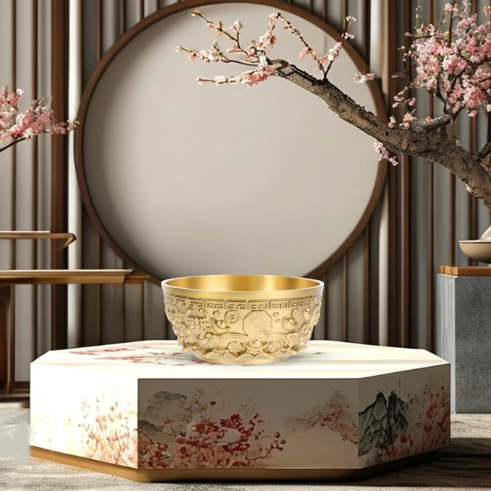 

Brass Treasure Bowl Decorative Brass Offering Basin Bright Gold Tone Fortune Bowl Home Desktop Ornament Tabletop Decoration