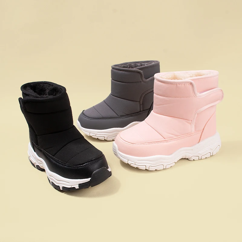 Inverno novo tecido impermeável grandes crianças botas de neve de lã quente sola grossa casual botas de pelúcia ekf75