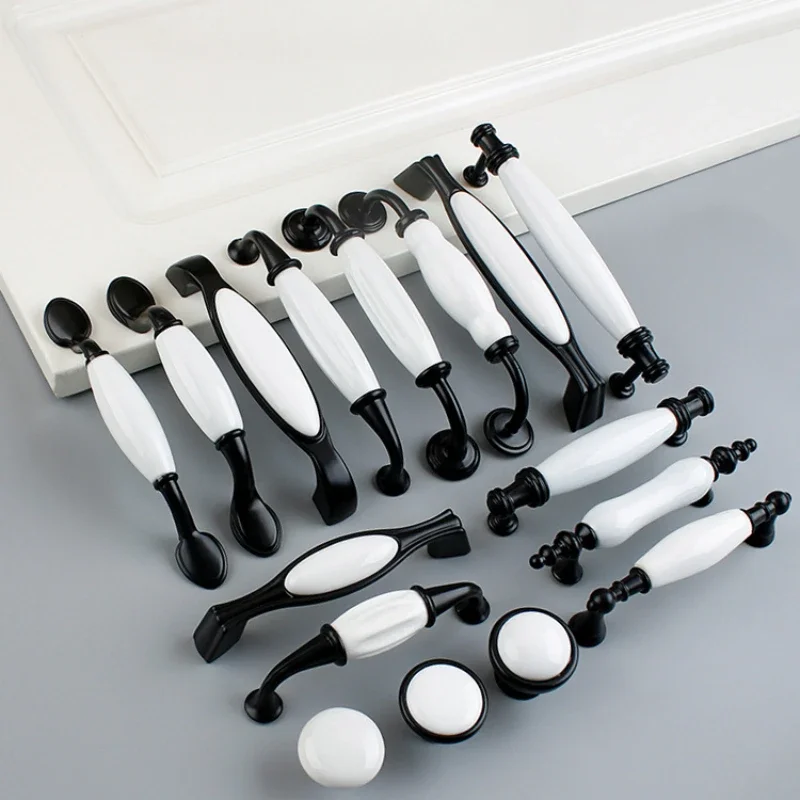 Black / White Door Handles Country Style Ceramic Drawer Pulls Knob Kitchen Cabinet Handles and Knobs Furniture Handles