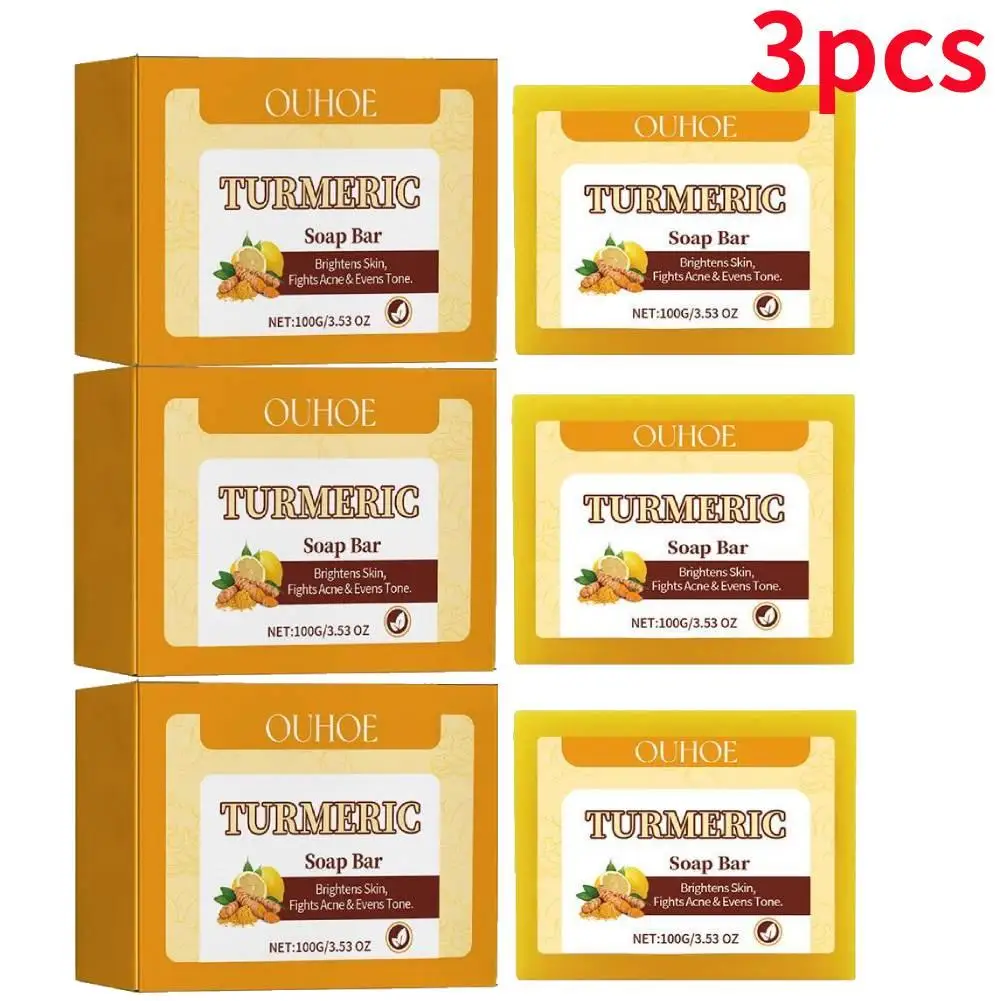 3pcs 100g Turmeric Hand Made Soap, Lemon Kojic Acid Soap, Shower And Facial Soap Lemon Turmeric Kojic Acid Soap