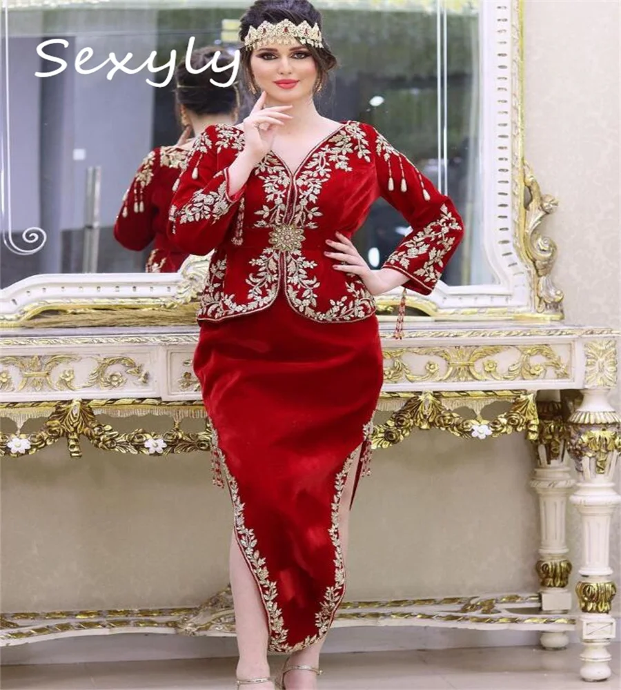 Karakou Algerian Red Evening Dress Traditional V Neck Long Sleeve Velvet Dubai Abaya Prom Dress Appliques Lace Party Customized