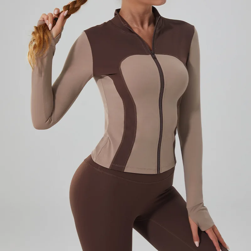 سترة رياضية لليوجا للتخسيس للسيدات - ملابس للتمرين بياقة واقفة وأكمام طويلة وسحاب، قماش قابل للتمدد #3