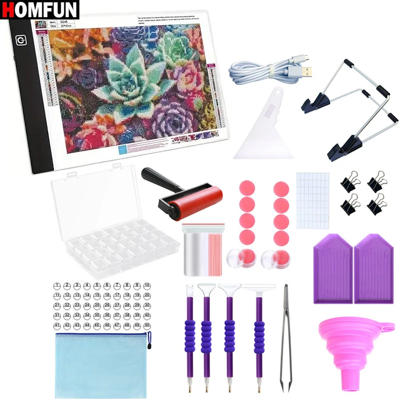 HOMFUN Deluxe 5D Diamond Painting Kit - LED Light Pad, 28-Grid Embroidery Box, Roller, and Essential Accessories for Adults