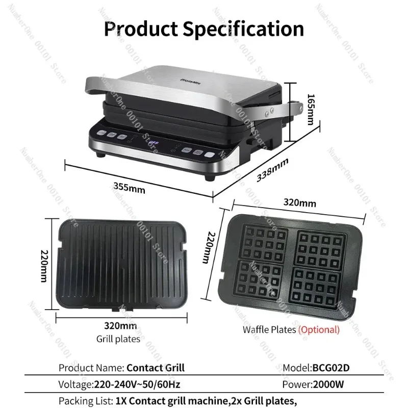 Contact Grill Electric Frying Pan, Multi-function BBQ Panini Waffle Maker for Home Kitchen