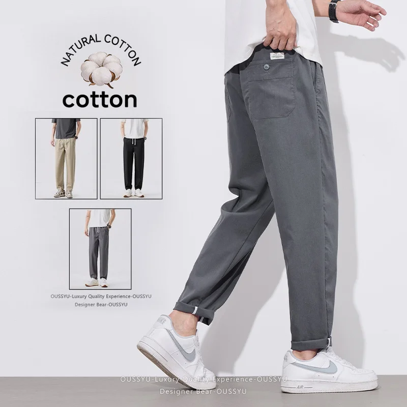 Pantalones Casuales de Verano para Hombre de Alta Calidad, Transpirables, de Algodón, Versátiles, Largos Hasta el Tobillo, Estilo Chino, Color Caqui