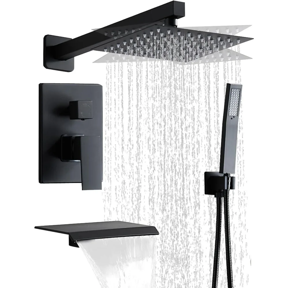 

12-Inch Matte Black Shower Set with Tub Spout, Shower Head, and Rain System for Bathroom Wall Mount