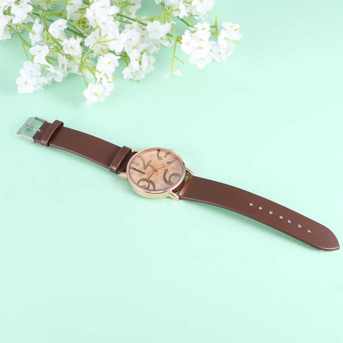 

Numeral Dial Quartz Watch Brown Pu Strap For Women Accurate Movement Feminine Wristwatch Daily Wear Gift