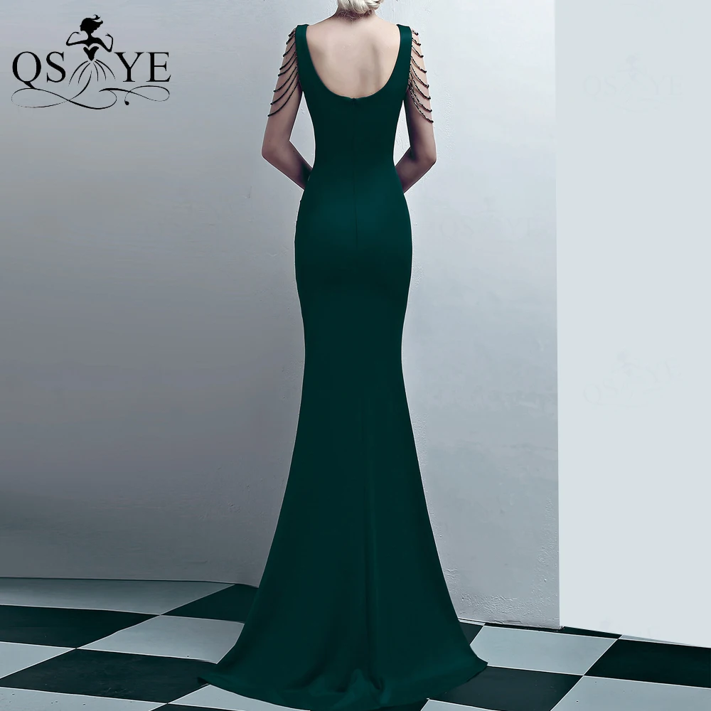 Vestido largo de graduación verde, traje de noche elástico con cuentas y tirantes, Esmeralda, cuello en V, Formal, para fiesta