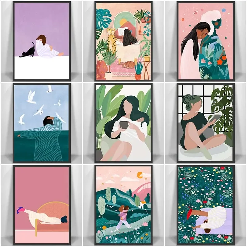 Affiche abstraite de fille de la Jungle tropicale, peinture sur toile imprimée, paysage nordique minimaliste, images d'art murales pour décor de salon