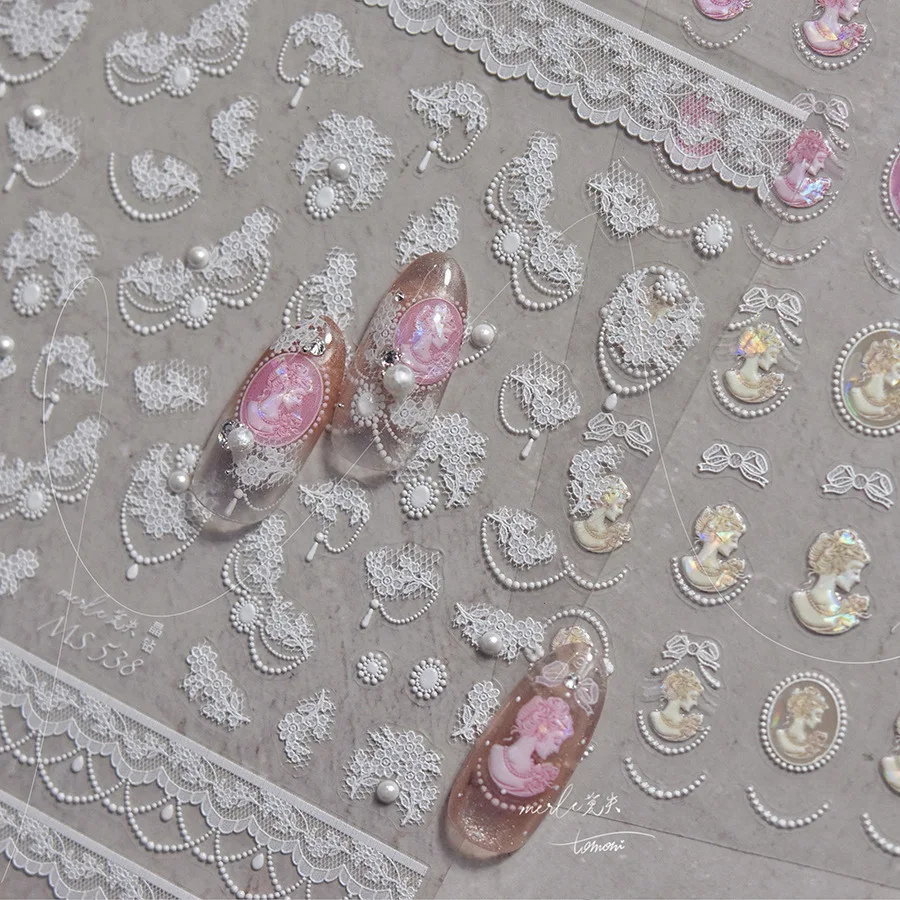 1 個 5D ダイヤモンド日本ホワイトレース弓ネイルアートステッカーパールラインストーンネイルデコレーション粘着デカールスライダー DIY アクセサリー