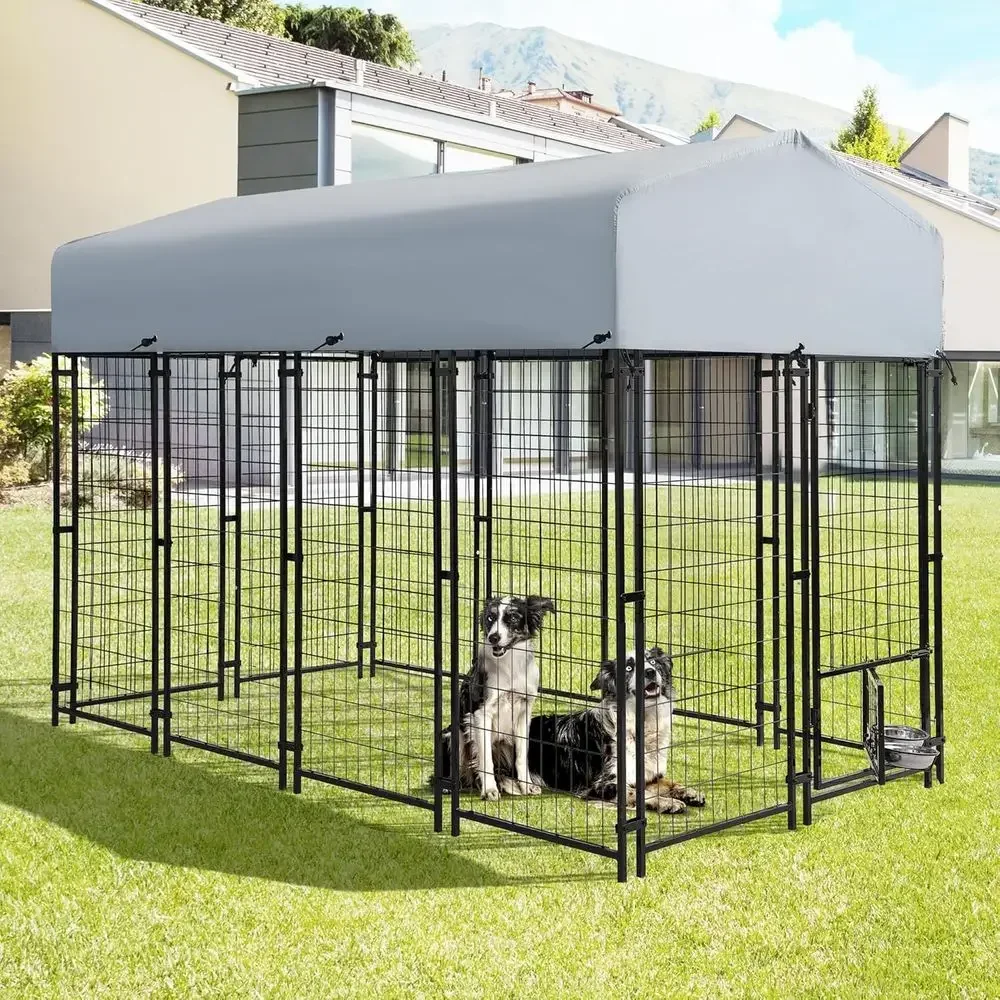Sturdy Large Dog Playpen - 8x4x6 ft Steel Enclosure with UV-Protected Roof for Pets in Yard or Patio