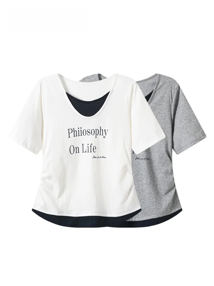 

Casual Loose Short Sleeve T-Shirt Women's plus Size Summer New Style Patchwork Trendy Top Cotton Polyester Blend round Neck