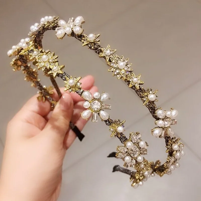 Korean Fashion Palace Pearl Flash Drill Hairband with Luxury Baroque Style for Women Rhinestone Crystal Hair Clips Accessories