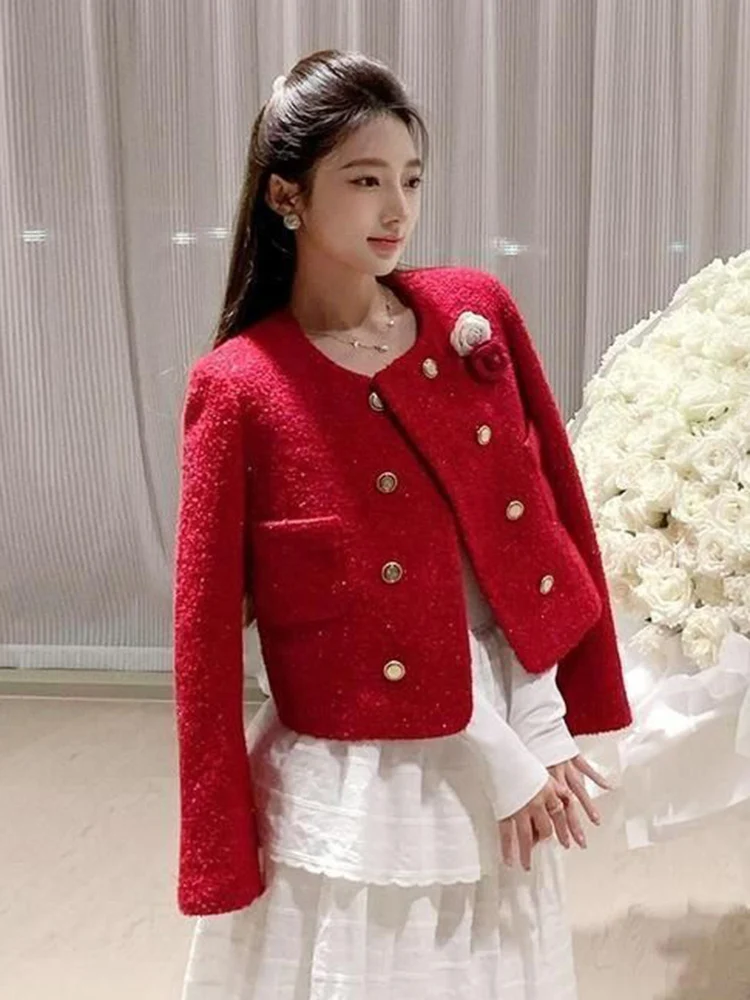 

Zoki 3D цветочный красный твидовый жакет женский милый тонкий круглый вырез винтажное короткое пальто корейский повседневный осенне-зимний элегантный топ с длинными рукавами