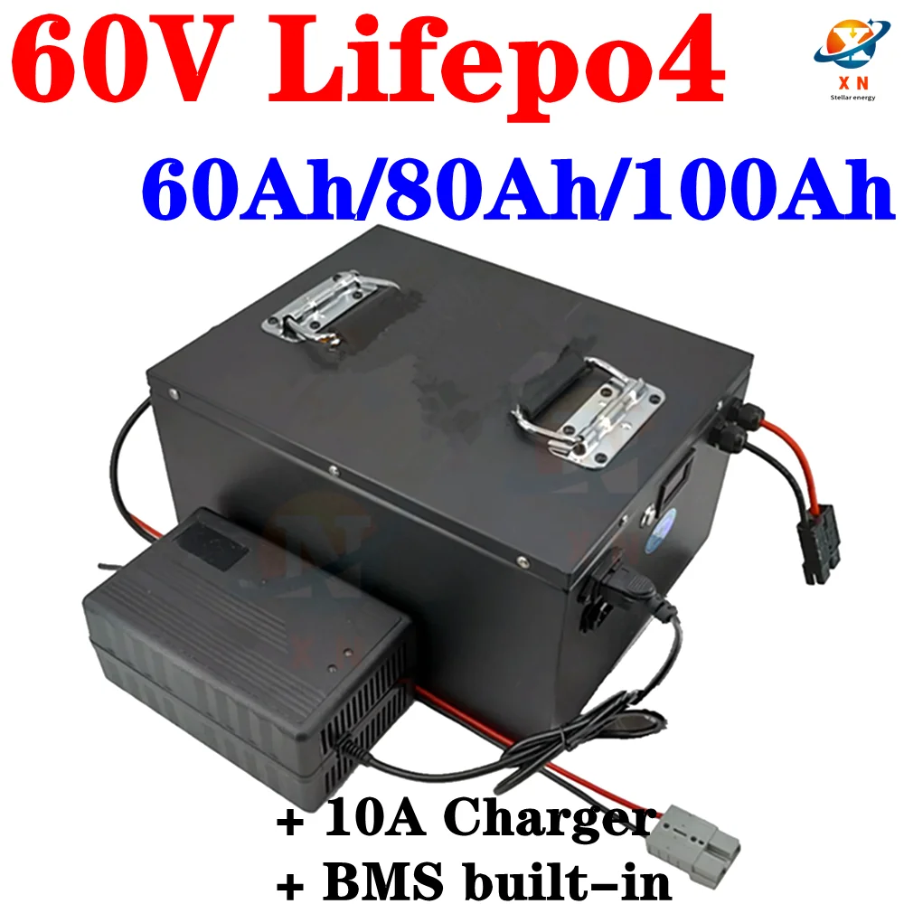 

60V 60Ah 80Ah 100Ah LiFepo4 lithium batetry for 6000W motorcycle scooter electric rickshaw Lead acid replacement +10A charger