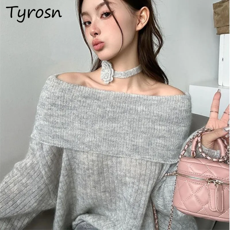 

Knitted Pullovers Women Slash Neck Off Shoulder Autumn Solid Korean Trendy Pullover Tops Sweet Hot Girls Office Lady Streetwear