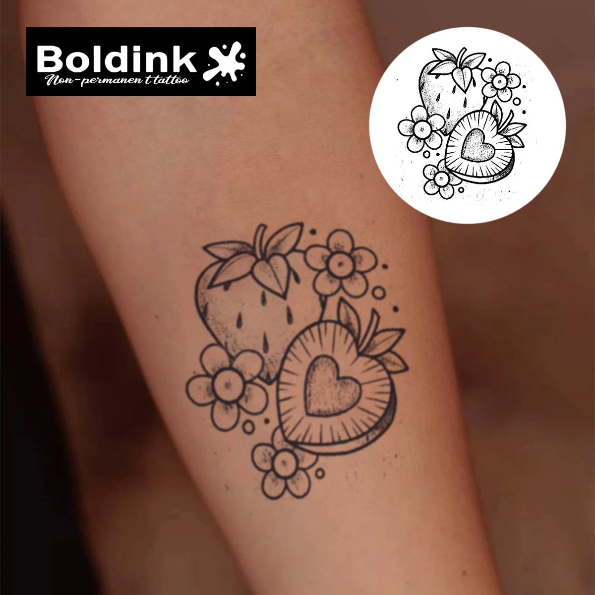 Boldink Cute Heart Shaped Strawberry Flower Juice Tattoo Sticker Waterproof Color Holding 1-2 Weeks Essential for Trendsetters