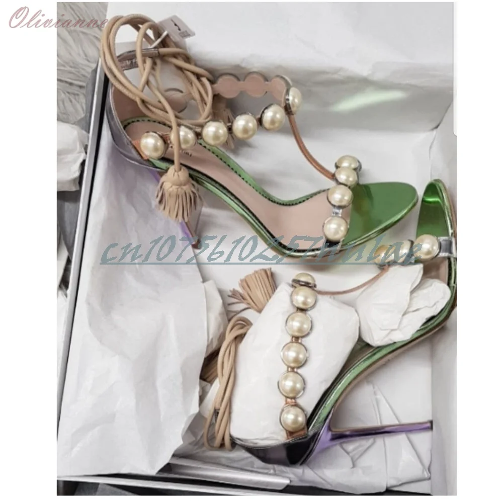 

Green Pearls Chain T-Strap Hollow Sandals Open Toe Elegant Stiletto High Heel Sexy Party 2025 Women Shoes Zapatos Para Mujere