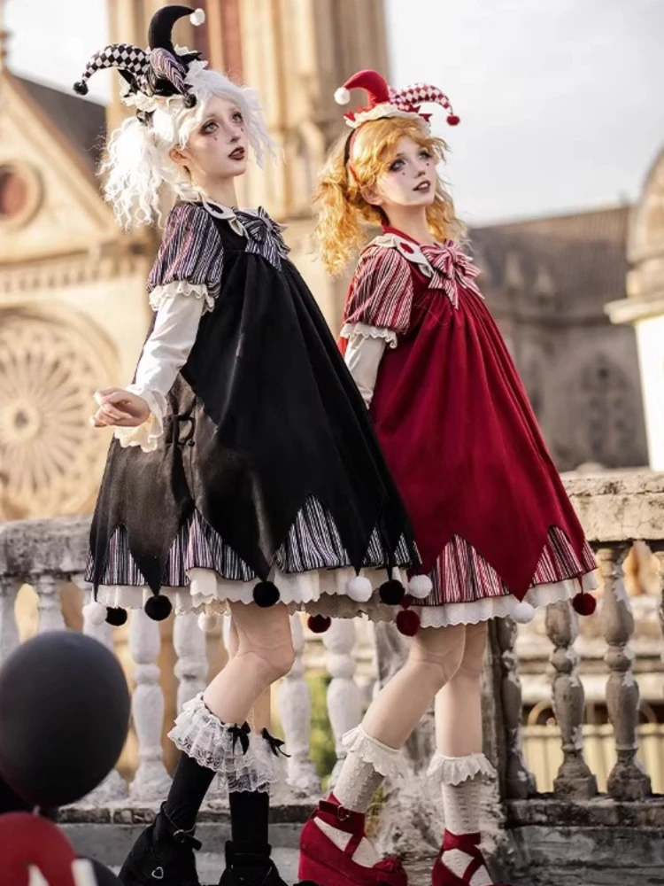 오리지널 엘레강트 레트로 인형 광대 짧은 원피스 자수 칼라 패치워크 긴 소매 루즈핏 불규칙 로리타 원피스 여성용