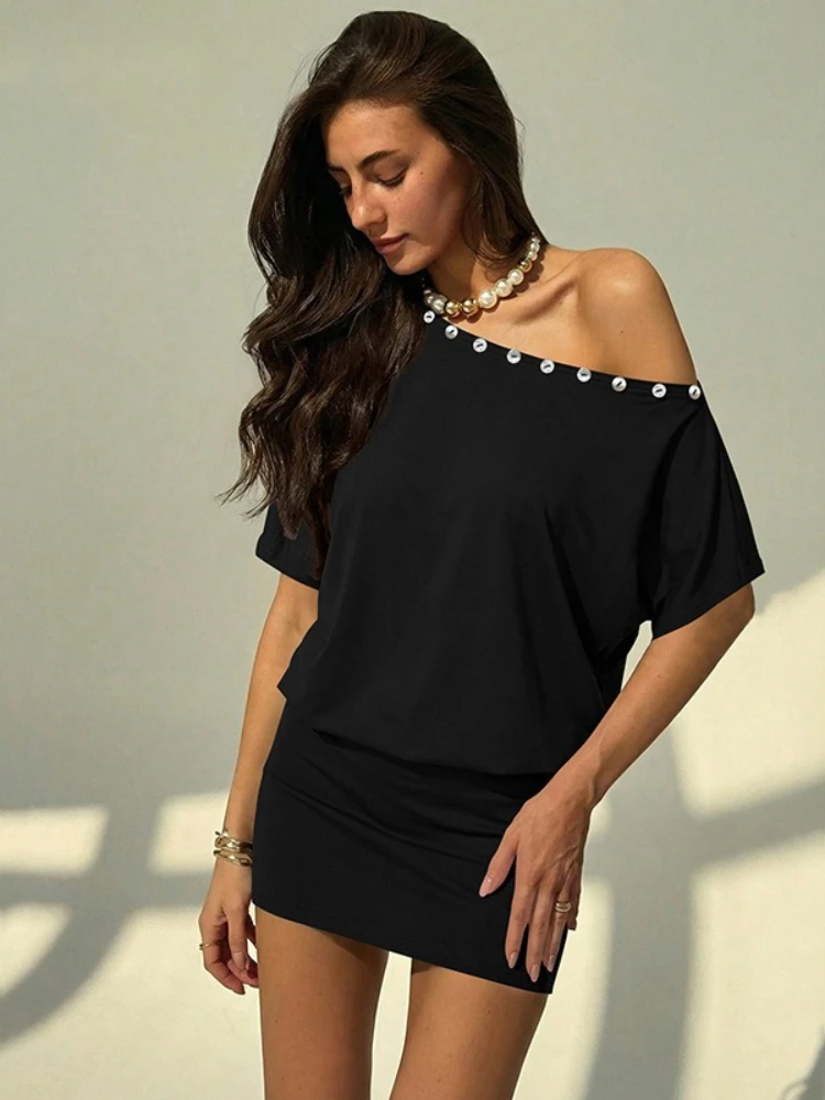 FDYOUI Damska Tunika z Asymetrycznym Kołnierzem i Guzikami, Krótka Sukienka-T-shirt, Odzież Uliczna na Wakacje, Krótkie Rękawy, Asymetryczne Sukienki na Imprezy i do Klubu