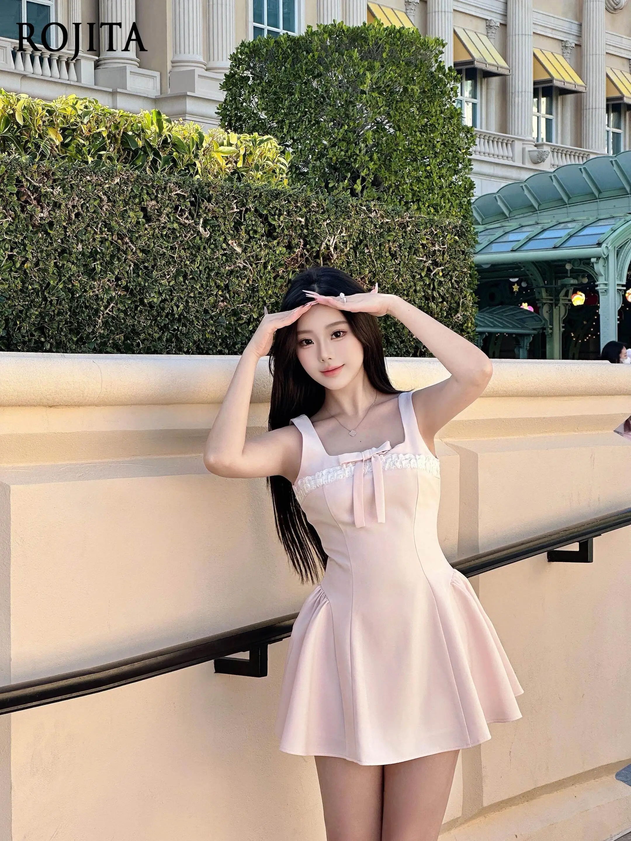 Pink Lace Bow Satin Cami A-line Mini Dress Ballet Girl Light Pink Sweet Princess Dress Summer Waist Tutu Birthday Dress