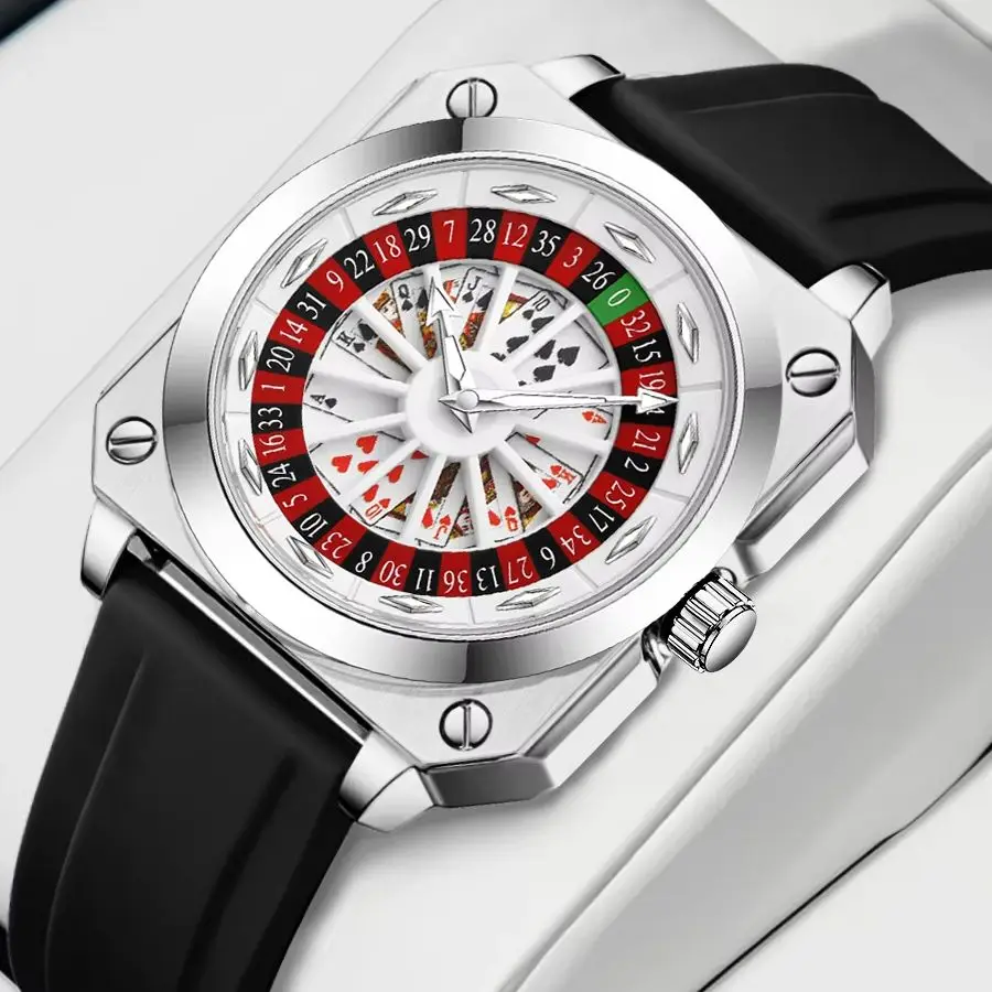 VA VA VOOM Brand Men Roulette Watch Luminous 42mm Square Case 3Bar Waterproof Black Silicone Fashion Sports Quartz Watch for Men