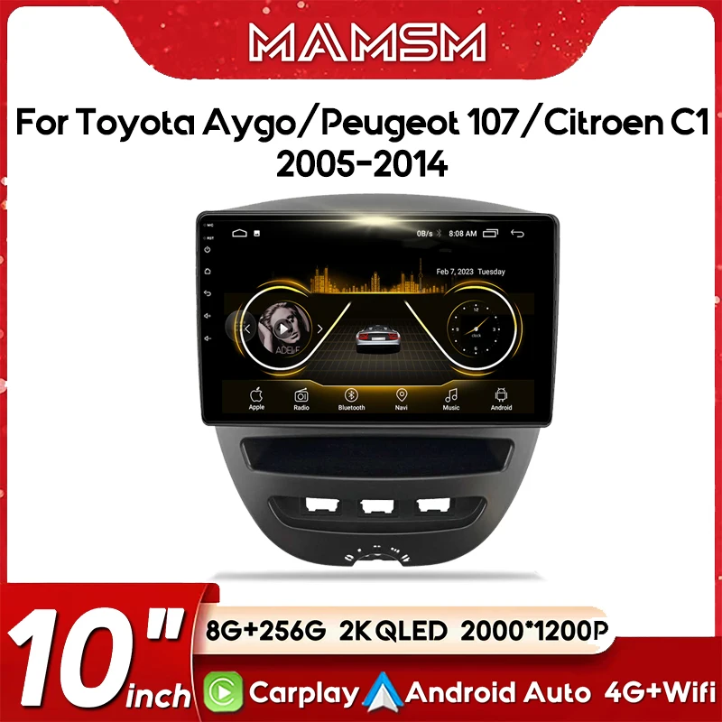 Android 13 Car Multimedia Player For Peugeot 107 Toyota Aygo Citroen C1 2005-2014 Head Unit Stereo GPS Navigation BT Caplay Auto