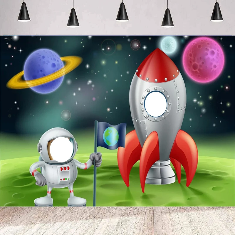 Décor de photographie pour fête d'anniversaire, bannière spatiale, visage d'astronaute, accessoires de jeu, toile de fond, affiche murale