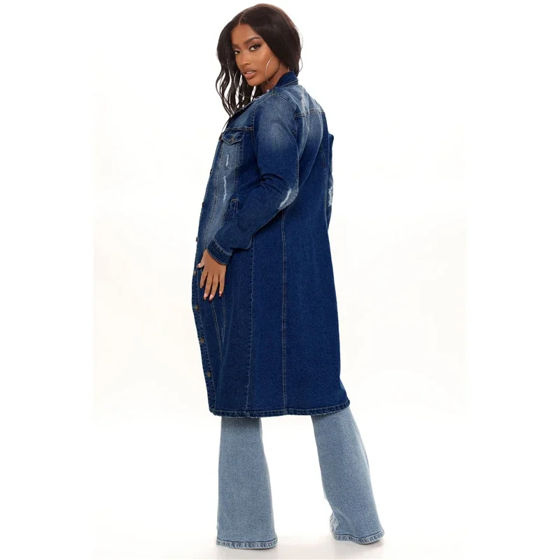 New Arrival Fashion Hole Cotton Autnmn Winter Long Denim Jacket 2023 Trench Coat Cardigan Jeans Cape Women Long Sleeve Jean Coat