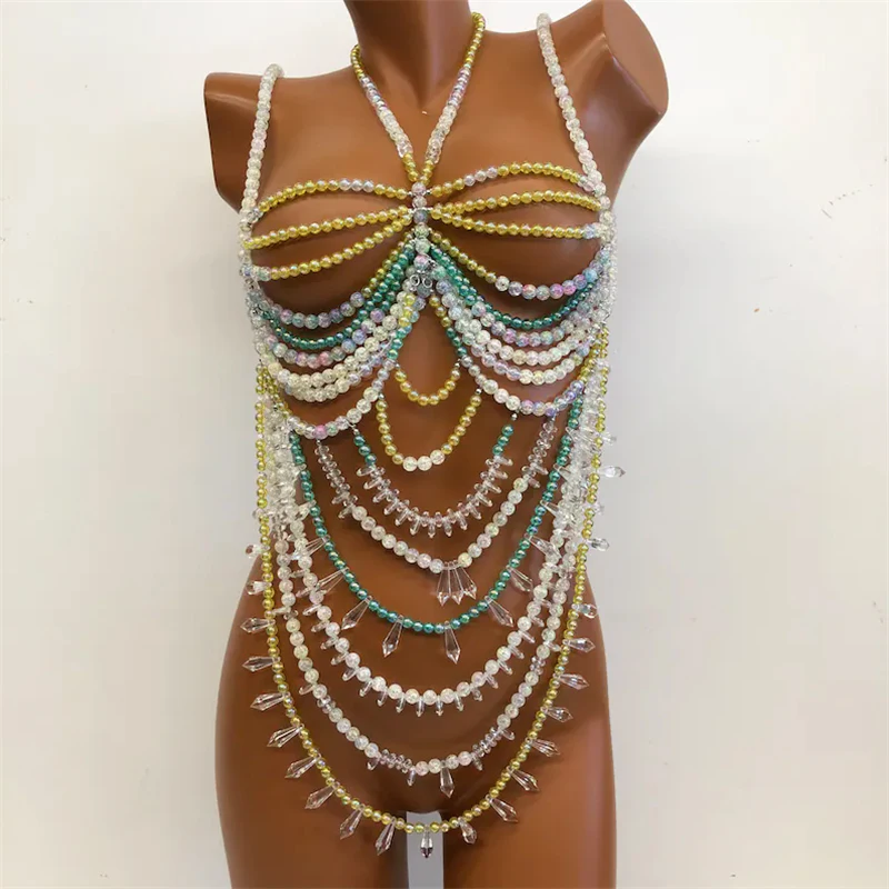 Damen-Oberteile Perlenbesetztes Bralette Festival-Weste Club-Bikini-BH-Top Perlen-Bustier Strandkleidung Lingerie Damen-Rave-Kleidung Tanktops – Detail 3