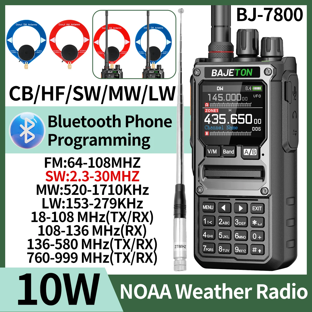 BAJETON BJ-7800 Walkie Talkie de largo alcance SW MW LW AM SSB CB 10W recibir inalámbrico Bluetooth programación de teléfono Radioaficionado RT-920
