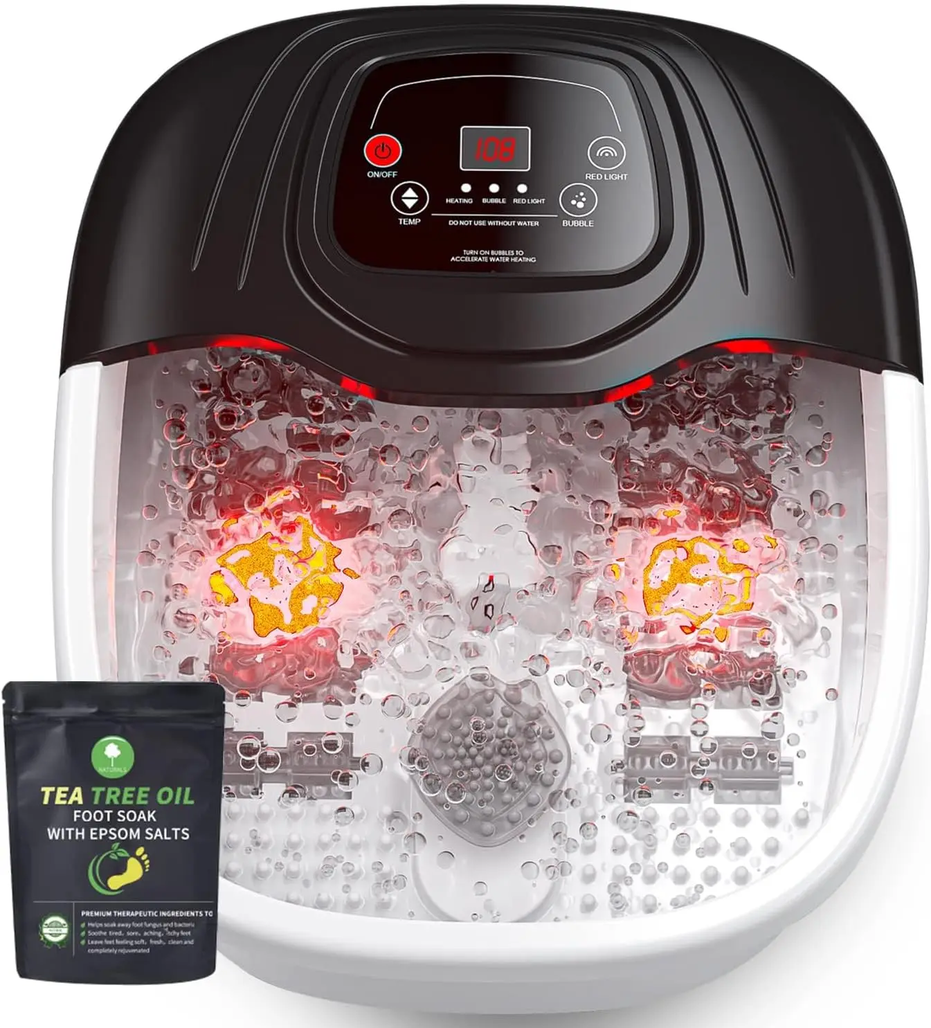 Baño de Pies con Calor, Burbujas, Vibración y Luz Roja - Compatible con Sal de Epsom, Regalo Relajante para Mamá y Papá