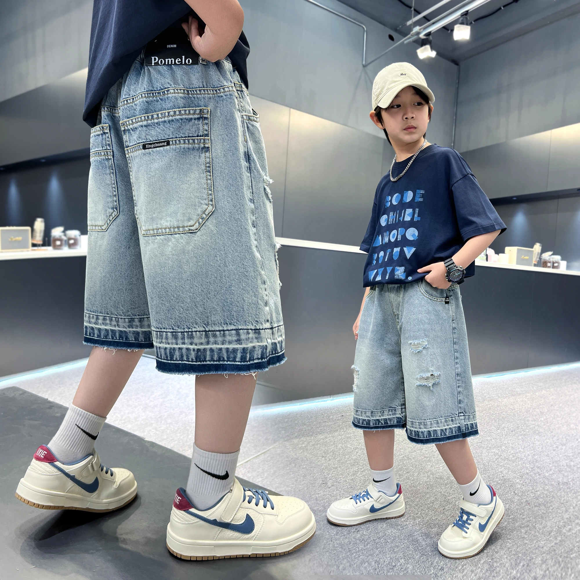 

Vintage Blue Denim Shorts for Boys Knee-Length High Quality Kids Streetwear Fashion Outfit with Holes for Tween Ages 4-14Y