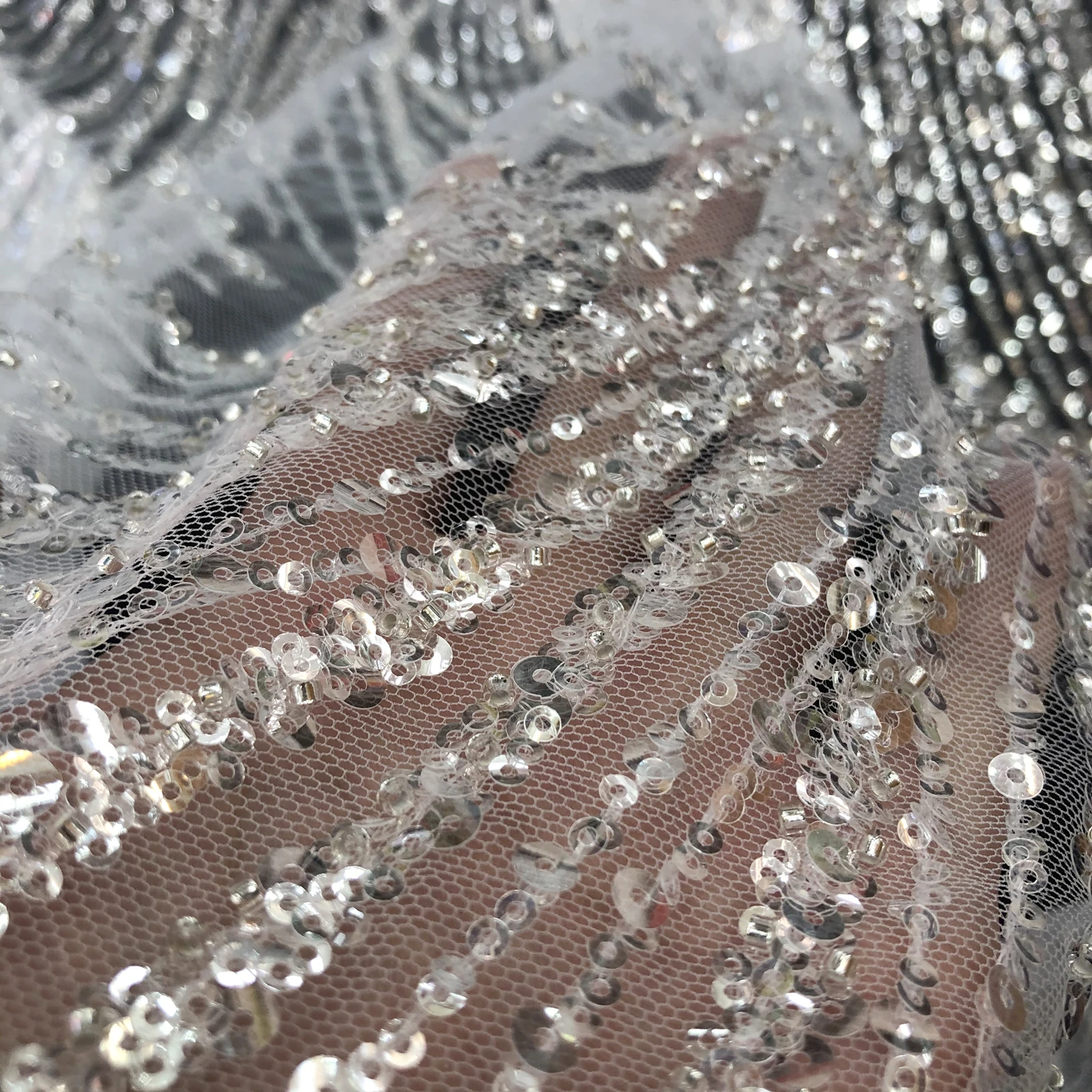 Shiny Silver Sequin Beads Tulle Embroidery Wedding Evening Dress Lace Fabric Custom Clothing Fabrics