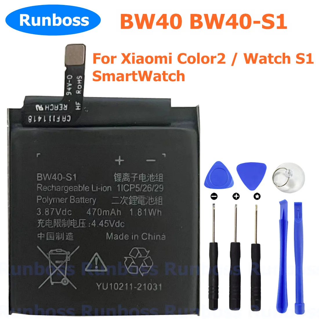 New 3.87V 470mAh BW40 BW40-S1 Battery For Xiaomi Color 2 Color2 / Watch S1 M2106W1/M2108W1/M2112W1 SmartWatch