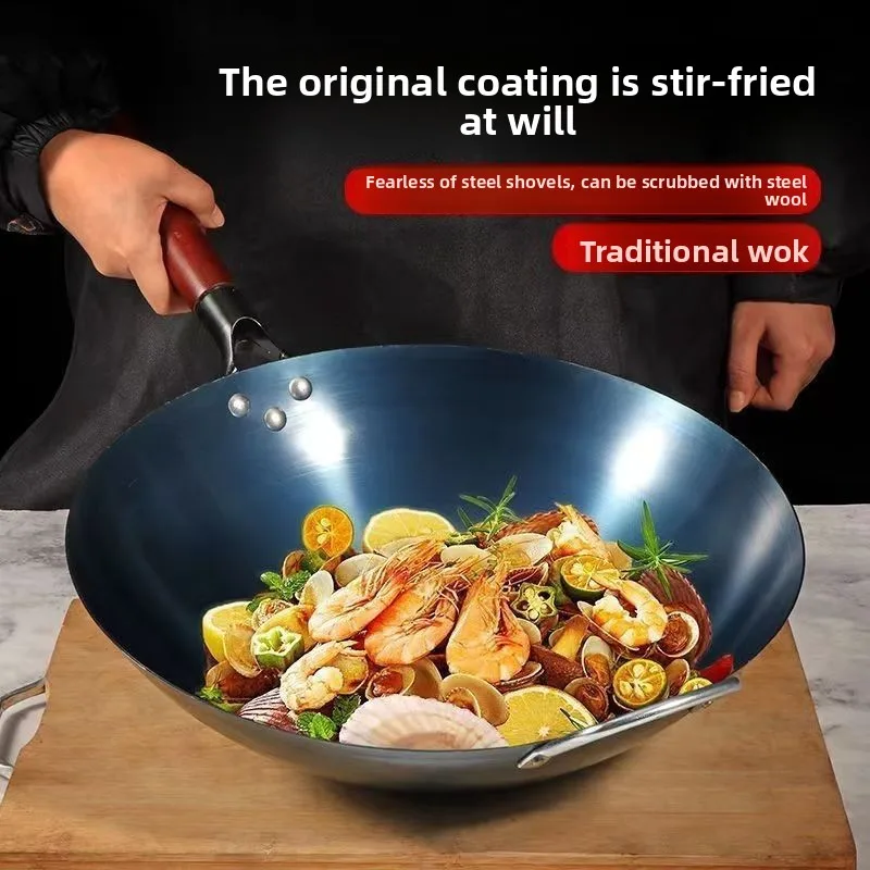 

Чугунная сковорода с круглым дном, для домашнего использования, железная кастрюля с коваными приправами, без необходимости, антипригарная, без покрытия.