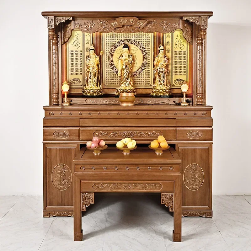 Golden Rosewood Solid Wood Buddhist Shrine Standing Cabinet Offering Table God of Wealth Display Rack Buddha Statue Storage