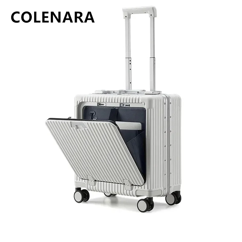 COLENARA Carry-on Luggage 18 Inch Small Boarding Box PC Aluminum Frame Trolley Case Multi-function USB Charging Suitcase