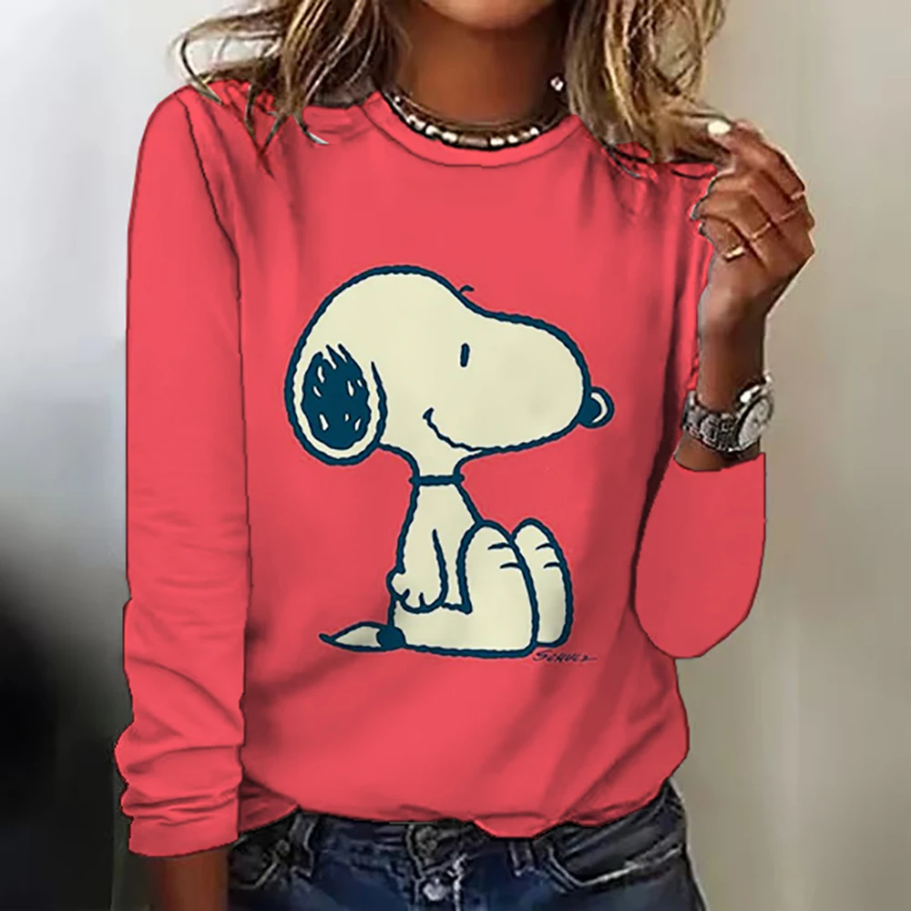 Kawaii Cartoon Women\'s T-shirt Cute Snoopy Round Neck Long Sleeve T-shirt Fashion Printed Large Casual T-shirt Autumn