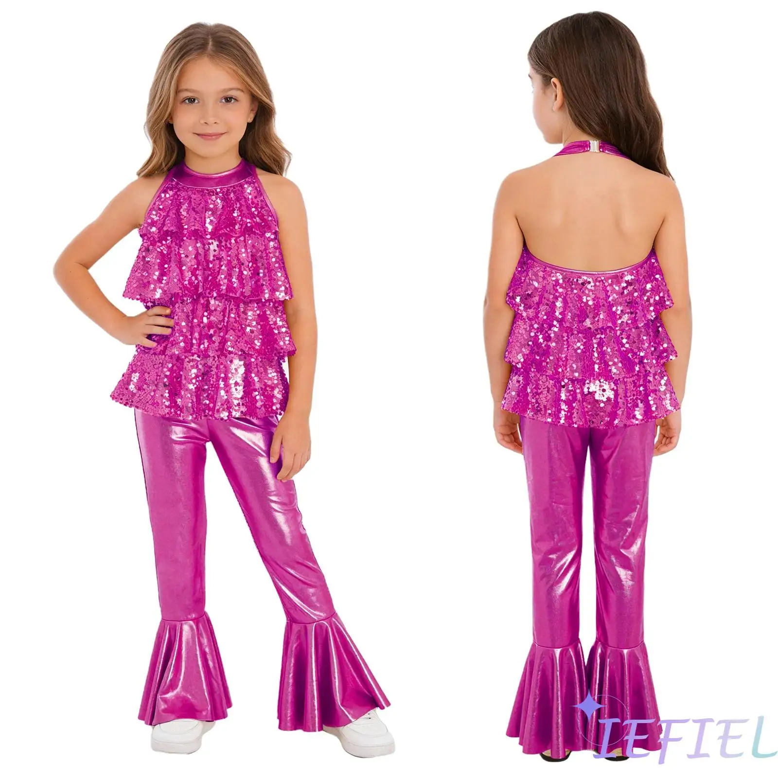 

Sparkly Sequin Tiered Ruffles Gymnastics Bodysuit for Girls Backless Sleeveless Bell Bottom Jumpsuit for Jazz Dance Stage Party