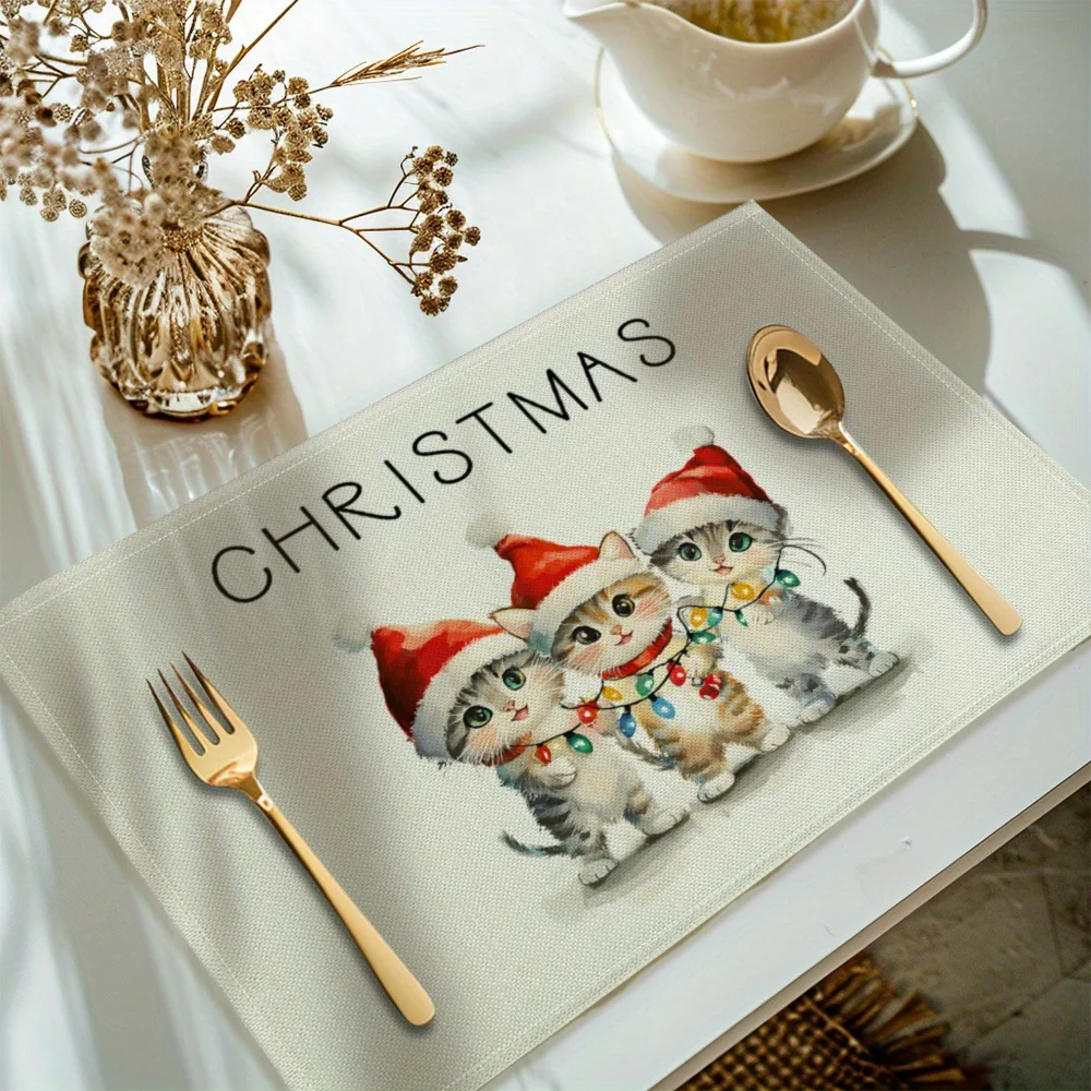 Festive Christmas Cat Placemat - Vibrant Holiday Design,  Polyester Table Mats For Dining & Kitchen Decor