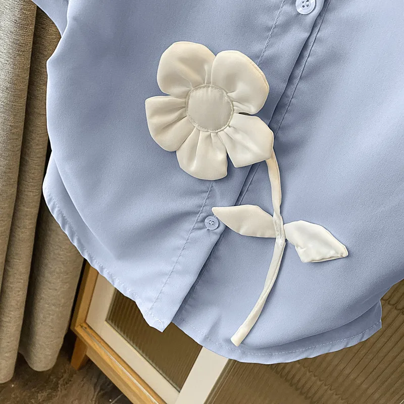 Sweet Summer Off Shoulder Shirt for Women Three-dimensional Flower Blue Short Sleeve Tops Ladies Elegant Lapel Loose Shirt 27077