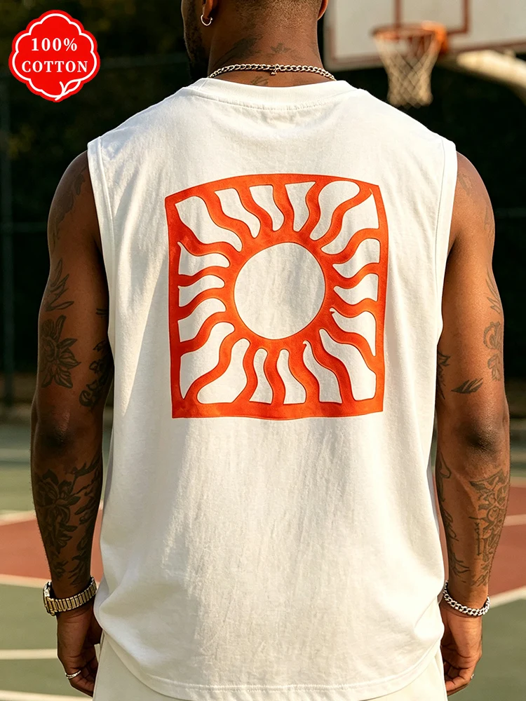 Men 100% Cotton Sleeveless Tank Top Vintage Orange Sun Graphic Oversized Loose Fit Old School Streetwear Casual Summer Vest-T91