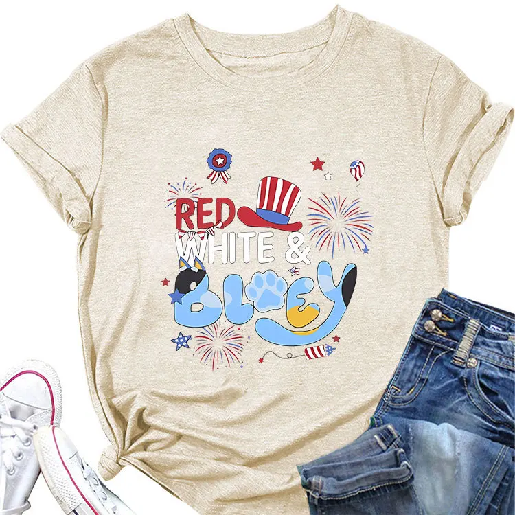 Summer New Round Neck Short Sleeve T-shirt Red White Bluey Letter Pattern Printed Loose Casual Fashion Large Top