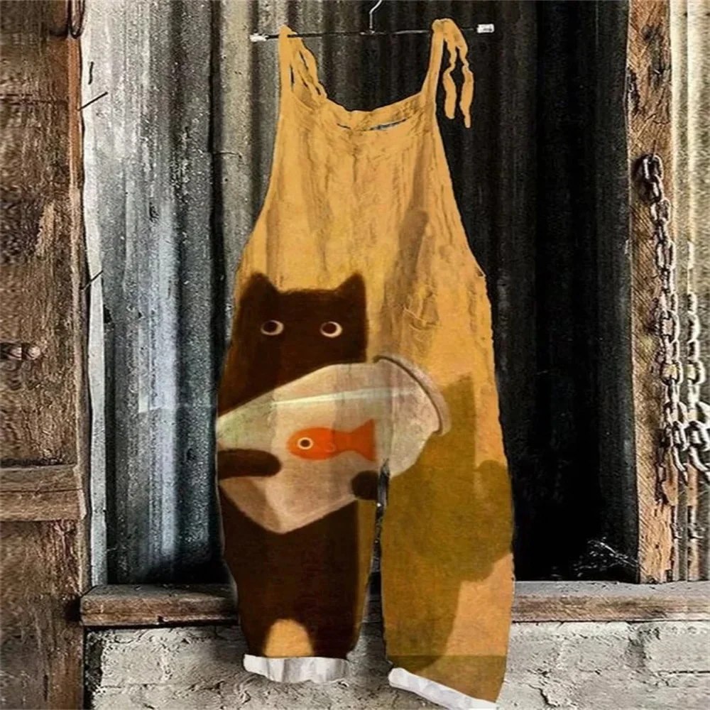 Summer 2025 women's fashion jumpsuit, 3D cat holding fish print cute loose jumpsuit, adjustable shoulder straps