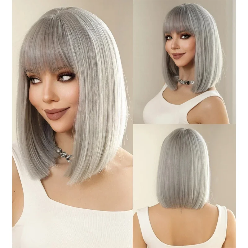 

Grey Dress Up Wig With Bangs Heat Resistant Human Hair Natural Straight 14in