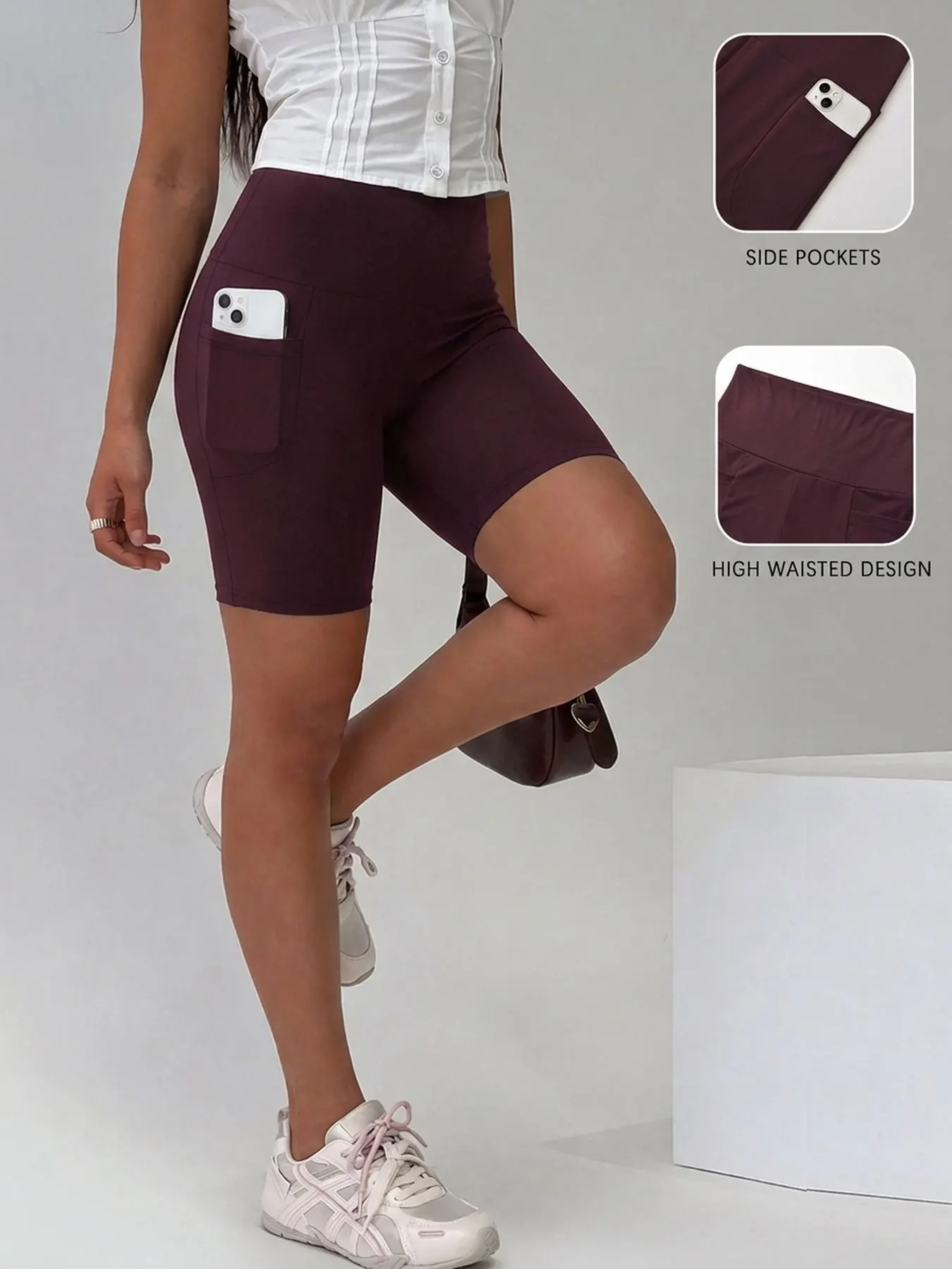 Damen Biker-Shorts mit Taschen, hoher Bund, superweich, blickdicht, Bauchkontrolle, für Laufen und Yoga – Detail 13