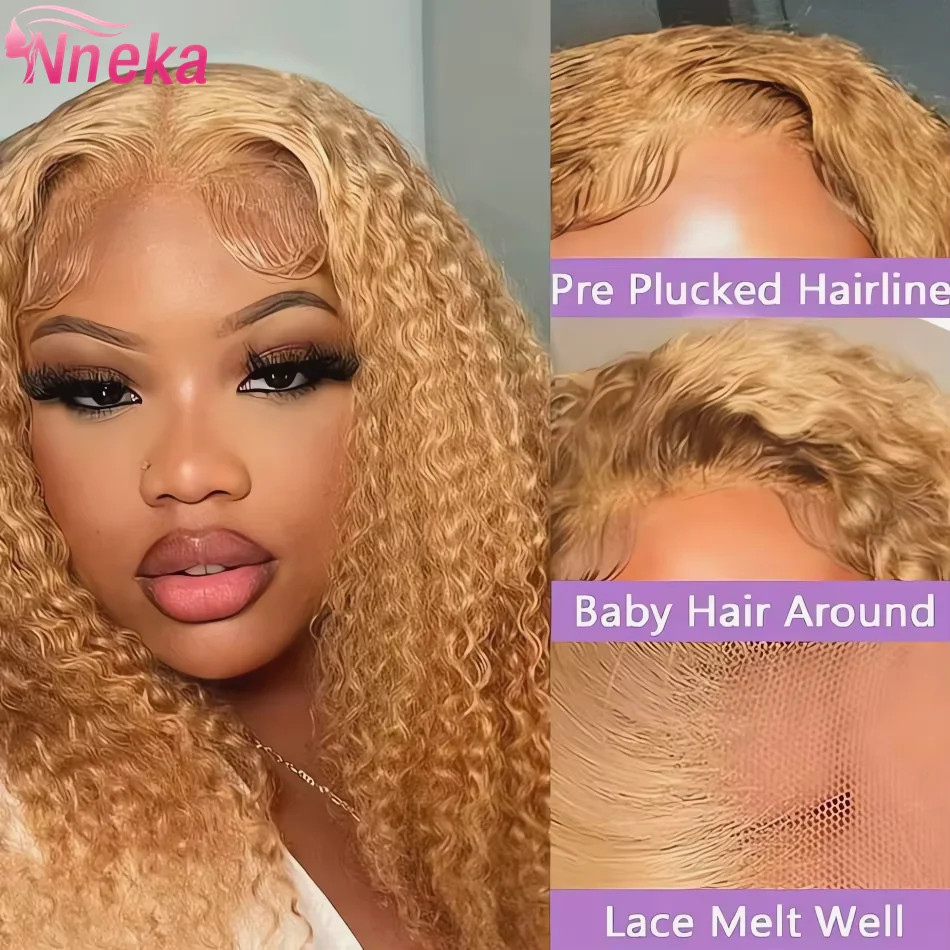 Curly Honey Blonde Wig Human Hair 13x6 Deep Wave Frontal Wigs For Women 13x4 Hd Water Wave Lace Front Wig #27 Colored Wig 30Inch image 4