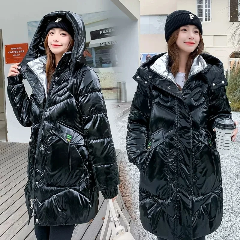 Shiny Down Padded Jacket Women\'s Mid-length 2023 New Winter Loose Printing Fashionable Women\'s parkas