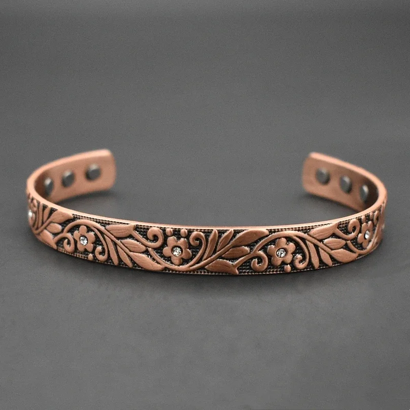 Ethnic Flower Pattern Copper Bracelet for Men Women Enhanced Magnetic Bracelets ,Pure Copper Jewelry Adjustable Cuff Bangle